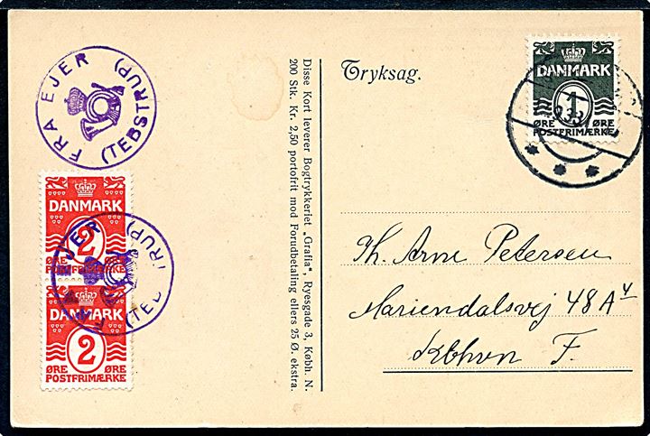 1 øre stålstik og 2 øre bogtryk (2) Bølgelinie på skak-tryksagskort annulleret  Skanderborg d. 11.9.1933 og posthornstempel FRA EJER (TEBSTRUP) til København.