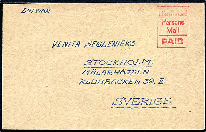 Ufrankeret brev med stempel Displaced Persons Mail / PAID fra Lettisk flygtning i Tyskland i 1225 A Camp, 1225 Displaced Persons Assembly Centre, 800 Control Unit B.A.O.R. via Great Britain til Stockholm, Sverige.