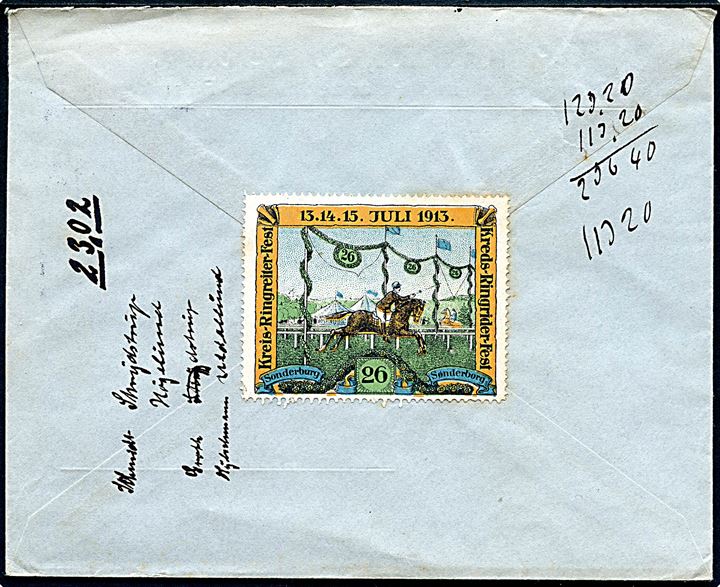 10 pfg. Germania på brev fra Sonderburg d. 10.6.1913 til Woyens. På bagsiden stor mærkat for Kreis-Ringreiter-Fest i Sønderborg d. 13.-15. Juli 1913.