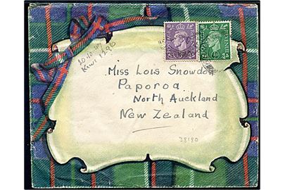 ½d og 3d George VI på illustreret klan-kuvert (Clan MacIntyre mønster) fra Kirkcaldy d. 20.10.1947 til Papora, New Zealand.