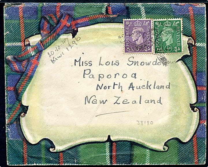 ½d og 3d George VI på illustreret klan-kuvert (Clan MacIntyre mønster) fra Kirkcaldy d. 20.10.1947 til Papora, New Zealand.