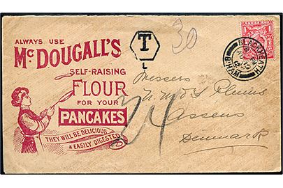 1d George V på illustreret firmakuvert fra McDougall's Flour sendt underfrankeret fra Blackheath d. 13.8.1912 til Assens, Danmark. Portostempel T og udtakseret i 24 øre dansk porto.