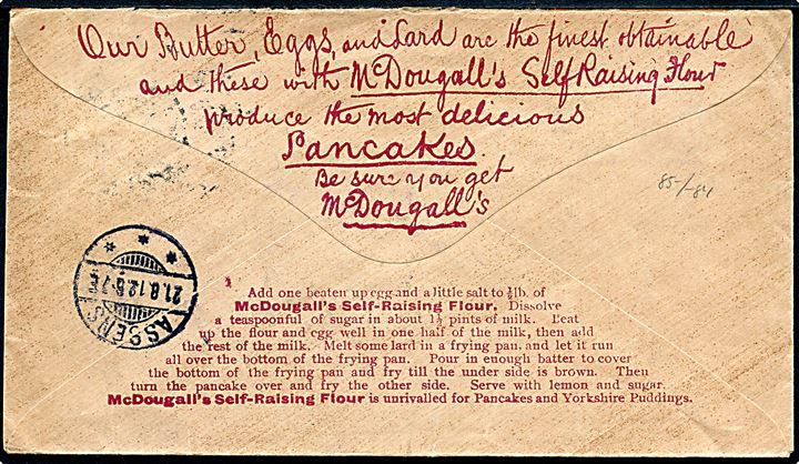 1d George V på illustreret firmakuvert fra McDougall's Flour sendt underfrankeret fra Blackheath d. 13.8.1912 til Assens, Danmark. Portostempel T og udtakseret i 24 øre dansk porto.