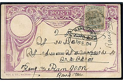 3 pies. Victoria på brevkort fra Calcutta d. 22.2.1904 til Rangoon, Burma. Ank.stemplet d. 27.2.1904. Har været foldet.