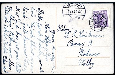 15 øre Chr. X på brevkort annulleret med stjernestempel GREVE og sidestemplet Taastrup d. 7.5.1923 til Rødovre.