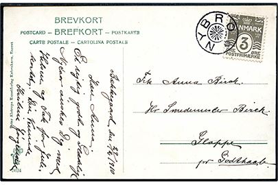 3 øre Bølgelinie på lokalt brevkort (Hotel Jomfrubjerget) dateret Bækkegaard d. 29.12.1910 og annulleret med stjernestempel NYBRO til Glappe pr. Godthaab.