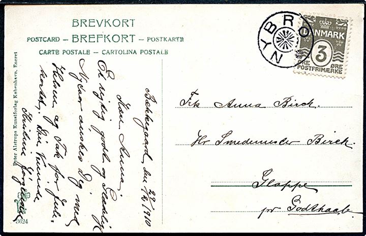 3 øre Bølgelinie på lokalt brevkort (Hotel Jomfrubjerget) dateret Bækkegaard d. 29.12.1910 og annulleret med stjernestempel NYBRO til Glappe pr. Godthaab.