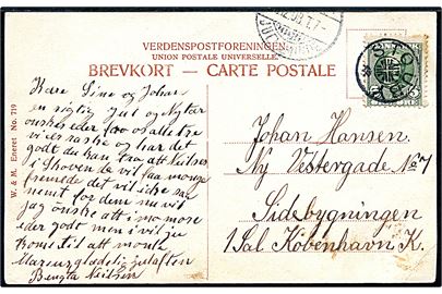 5 øre Fr. VIII på brevkort annulleret med stjernestempel STOUBY og sidestemplet med yderligt placeret bureaustempel Horsens - Juelsminde T.7 d. x.12.1908 til København.