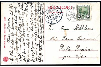 5 øre Fr. VIII på brevkort annulleret med stjernestempel VANDEL og sidestemplet Veile d. 26.5.1908 til Balle-Bedsten pr. Vejle.