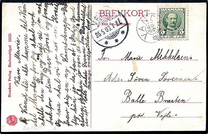 5 øre Fr. VIII på brevkort annulleret med stjernestempel VANDEL og sidestemplet Veile d. 26.5.1908 til Balle-Bedsten pr. Vejle.