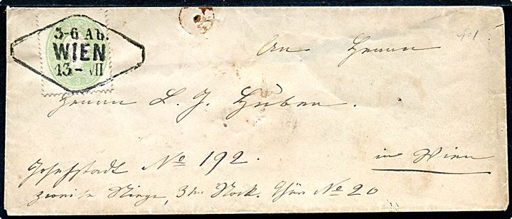 3 kr. Franz Joseph single på lokalbrev i Wien d. 13.7.1861. 