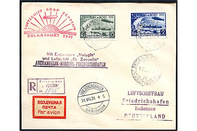 35 kop. og 2 rub. Zeppelin Nordpol fart udg. utakket på anbefalet Zeppelin luftpostbrev afsendt fra den russiske isbryder Malguin ved Franz-Josef-Land d. 18.7.1931 til Friedrichshafen, Tyskland. Flere flyvningsstempler.
