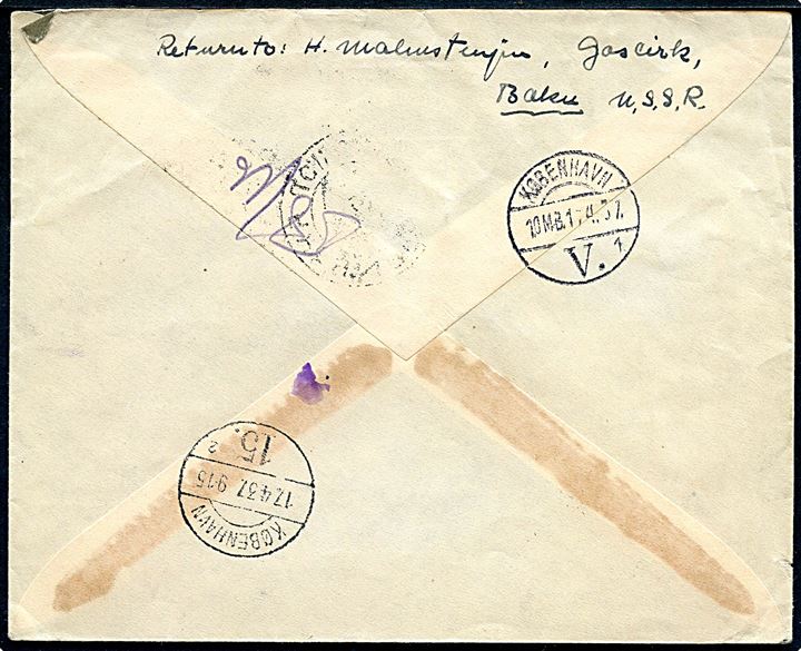 10 kop., 20 kop., 40 kop. og 80 kop. Puschkin udg. på anbefalet brev fra Baku d. 10.4.1937 til København, Danmark.