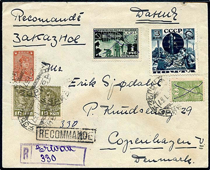 1,30 rub. blandingsfrankeret anbefalet brev fra Erivan i Armenien d. 27.1.1937 til København, Danmark. 