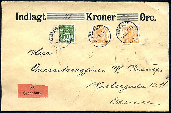 10 øre Bølgelinie og 30 øre Chr. X (2) på 70 øre frankeret stort værdibrev fra Svendborg d. 8.5.1922 til Odense.