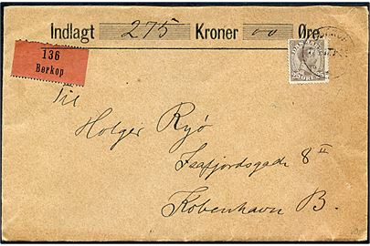 25 øre Chr. X single på værdibrev fra Børkop d. 17.8.1917 til København.