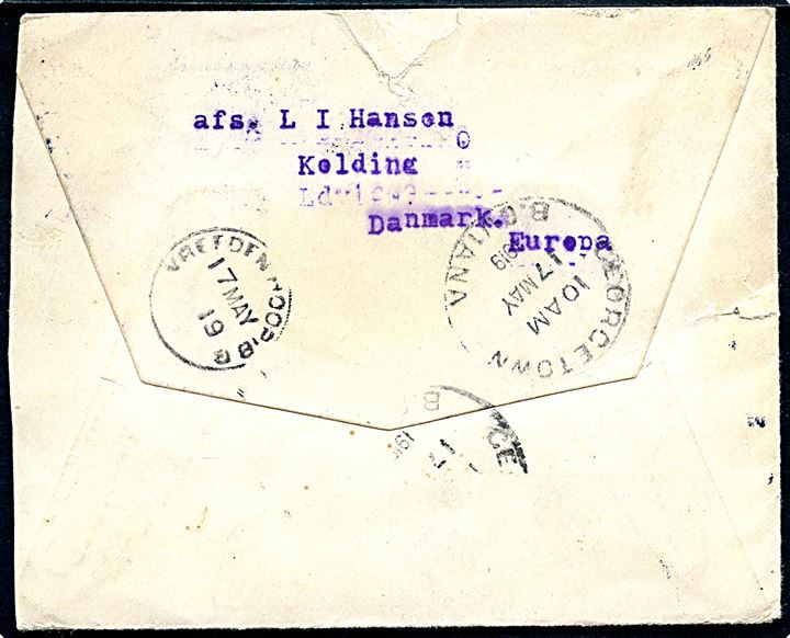 7 øre Chr. X i fireblok (et mærke defekt) på brev fra Kolding d. 19.4.1919 via Georgetown og Vreedenhoop d. 17.5.1919 til Demarara, Britisk Guinea, Afrika (skulle være Sydamerika). Rifter i kuvert.
