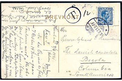 20 øre Chr. X single på underfrankeret brevkort fra Hornbæk d. 8.6.1921 til Bogota, Comumbia. Sort T-stempel. Sjælden destination.
