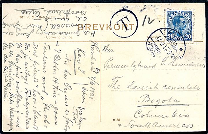 20 øre Chr. X single på underfrankeret brevkort fra Hornbæk d. 8.6.1921 til Bogota, Comumbia. Sort T-stempel. Sjælden destination.