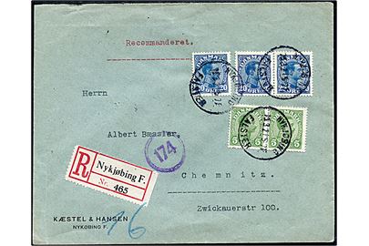 5 øre (par) og 20 øre (3) Chr. X på anbefalet brev fra Nykjøbing Falster d. 15.3.1921 til Chemnitz, Tyskland.