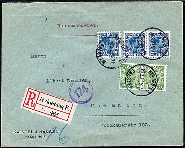 5 øre (par) og 20 øre (3) Chr. X på anbefalet brev fra Nykjøbing Falster d. 15.3.1921 til Chemnitz, Tyskland.