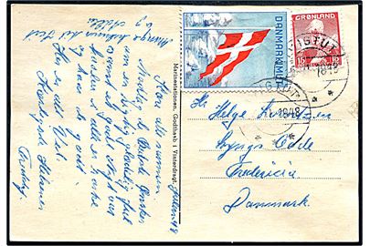 15 øre Chr. X og Danmaarkimut mærkat på brevkort (Godthaab Marinestation i sne) fra Ivigtut d. 25.11.1948 til Fredericia, Danmark.