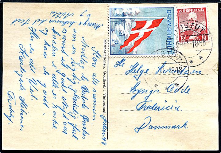 15 øre Chr. X og Danmaarkimut mærkat på brevkort (Godthaab Marinestation i sne) fra Ivigtut d. 25.11.1948 til Fredericia, Danmark.