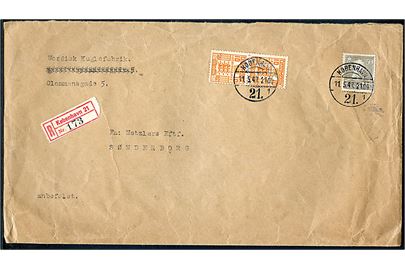 50 øre Chr. X og 10 øre Gebyr i parstykke på stort anbefalet brev fra København 21 (Hovedbanegården) d. 11.5.1947 til Sønderborg.