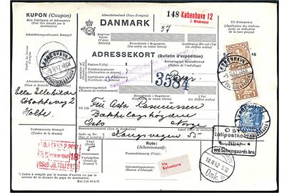 40 øre Karavel og 1 kr. Chr. X i parstykke på internationalt adressekort for pakke fra København Postbanegaarden d. 9.11.1942 via Oslo til Bækkelagshøgden, Norge. 