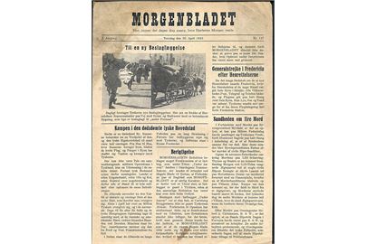 Morgenbladet, 1. Aargang no. 137 d. 26.4.1945. Illustreret illegalt blad på 4 sider i ca. A4 format. Skade på forsiden.