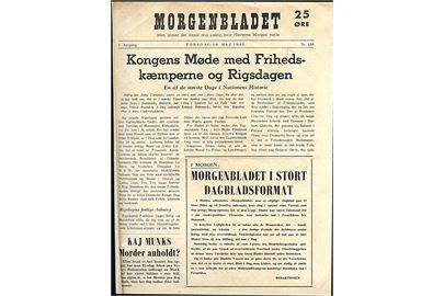 Morgenbladet, 1. Aargang no. 149 d. 10.5.1945. Illustreret tidligere illegalt blad på 8 sider i ca. A4 format. Pris 25 øre. 