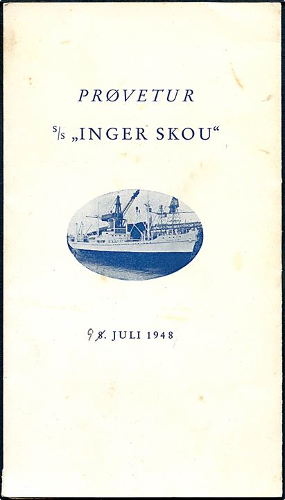 Prøvetur for S/S Inger Skou d. 9.7.1948. Menukort og bordplan.