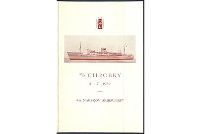 M/S Chrobry, menukort fra overdragelse i Nakskov d. 21.7.1939 til Gdynia-Amerika Linie. Skibet gik ved krigsudbruddet i allieret tjeneste og blev sænket i Vestfjorden i Norge under de allieredes ekspedition i maj 1940. 