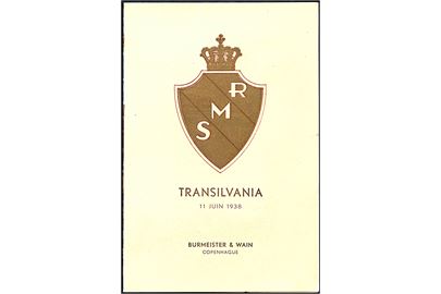 M/S Transilvania, menukort fra overdragelse fra Burmeister & Wain d. 11.6.1938 til rederiet. 