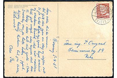 30 øre Fr. IX på brevkort fra Herning annulleret med bureaustempel Skanderborg - Skjern sn2 T.558 d. 5.9.1961 til Ribe.