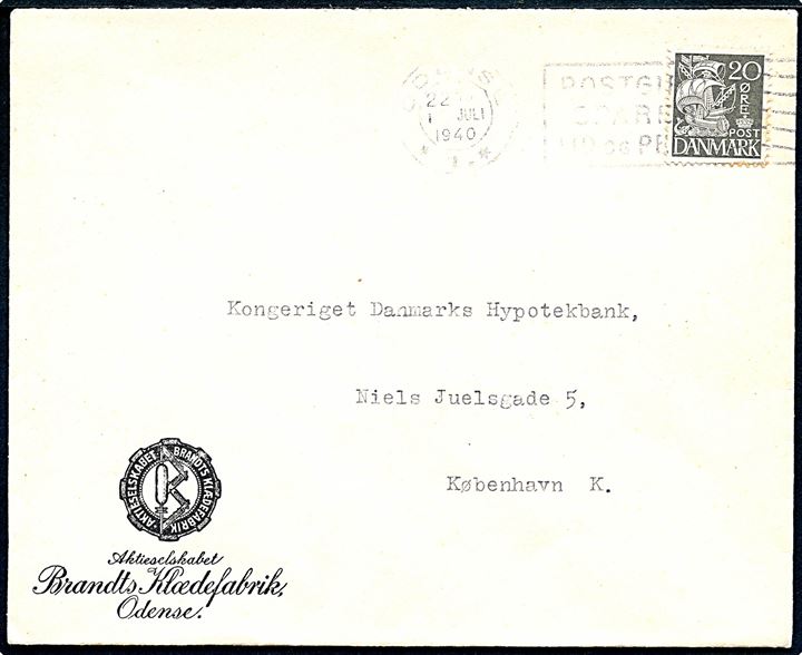 20 øre Karavel single på landsportobrev fra Brandts Klædefabrik i Odense d. 1.7.1940 til København. Sendt på 1. dagen for den nye portotakst.