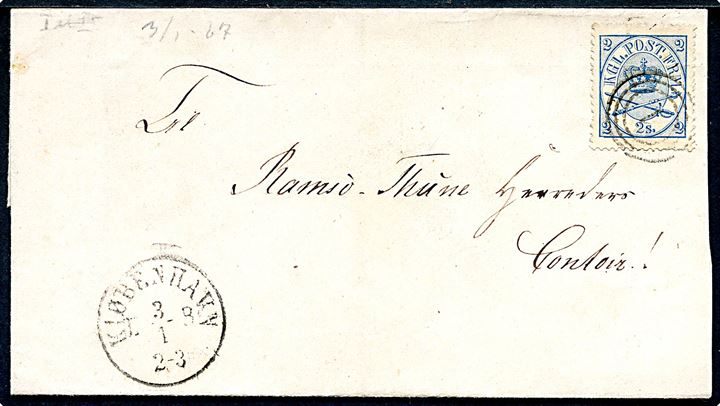 2 sk. Krone/Scepter på brev annulleret med nr.stempel 1 og sidestemplet Kiøbenhavn KB d. 3.1.1867 til Ramsø-Thune Herreds Contoir. På bagsiden ank.stemplet Roeskilde d. 3.1.1867, samt liniestempel: solgt fra Rigsarkivet 1871.