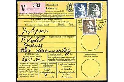 1 kr., 5 kr. og 10 kr. Isbjørn på Postopkrævnings-adressekort for værdipakke fra Sdr. Strømfjord d.  5.7.1976 til Marmorilik.