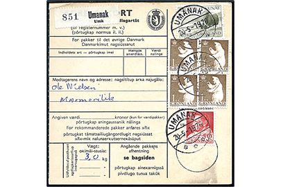 50 øre Fr. IX, 1 kr. Isbjørn (4) og 25 kr. Moskusokse på adressekort for pakke fra Umanak d. 20.5.1976 til Marmorilik.