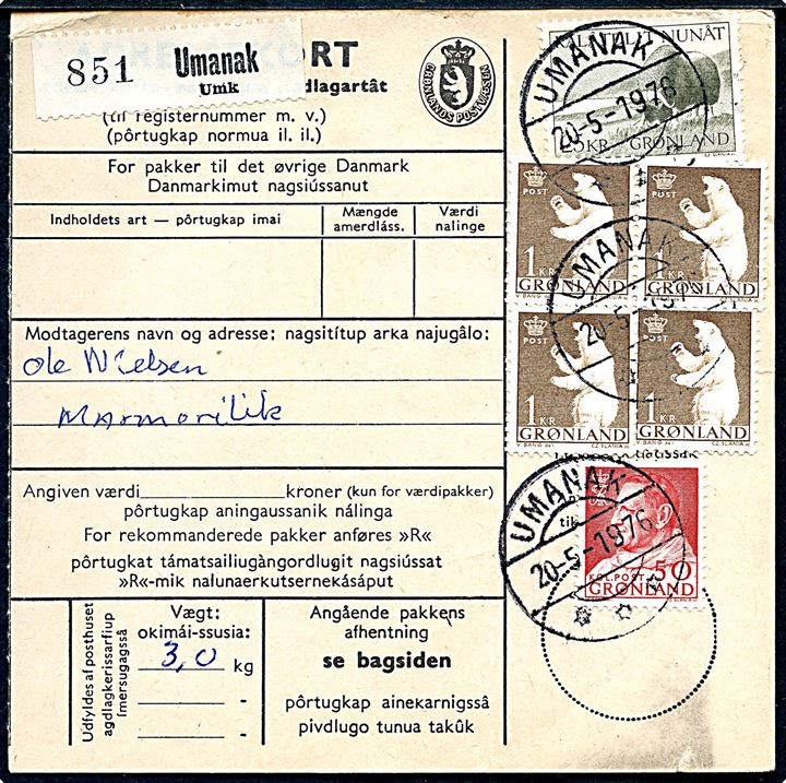 50 øre Fr. IX, 1 kr. Isbjørn (4) og 25 kr. Moskusokse på adressekort for pakke fra Umanak d. 20.5.1976 til Marmorilik.