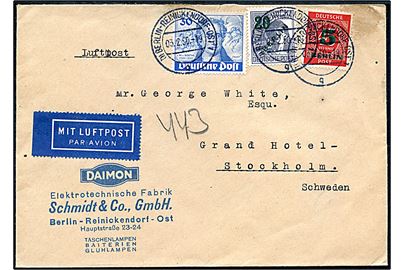 5/45 pfg. og 20/80 pfg. Berlin provisorium og 30 pfg. Goethe på 55 pfg. frankeret luftpostbrev fra Berlin d. 3.2.1950 til Stockholm, Sverige.