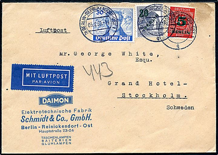 5/45 pfg. og 20/80 pfg. Berlin provisorium og 30 pfg. Goethe på 55 pfg. frankeret luftpostbrev fra Berlin d. 3.2.1950 til Stockholm, Sverige.