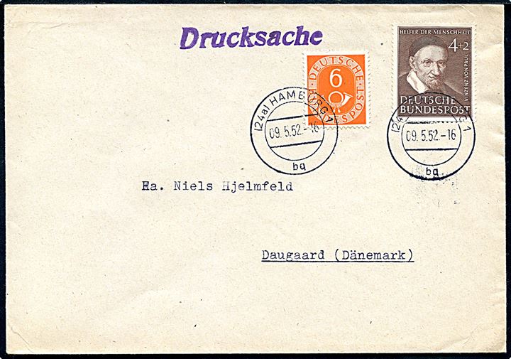 4+2 pfg. von Paul og 6 pfg. Ciffer på tryksag fra Hamburg d. 9.5.1952 til Daugaard, Danmark.