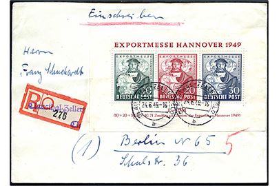 Hannover Exportmesse 1949 blok udg. på anbefalet brev fra Clausthal-Zellerfeld d. 24.6.1949 til Berlin. Høj katalog værdi.