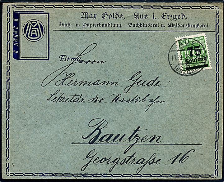 75 Tausend/1000 mk. Infla provisorium single på brev fra Aue d. 17.9.1923 til Bautzen.