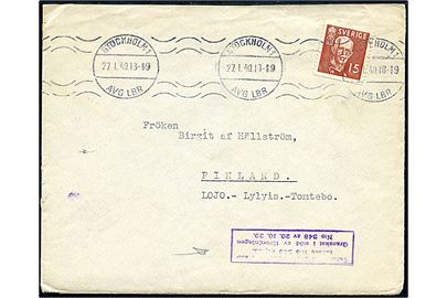 15 öre Gustaf på brev med langt indhold fra Stockholm d. 27.1.1940 til Lojo, Finland. Finsk censur fra Vinterkrigen. 