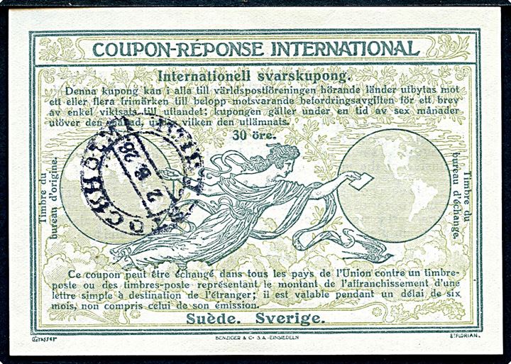 Sverige. 30 öre International Svarkupon stemplet Stockholm d. 2.6.1926.
