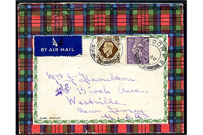 3d og 1 sh. George VI på skotsk illustreret klan-mønster kuvert sendt som luftpost fra Glasgow d. 30.8.1946 via London til Westville, USA.