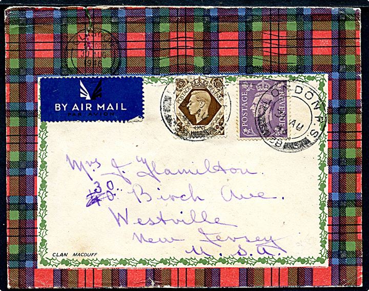 3d og 1 sh. George VI på skotsk illustreret klan-mønster kuvert sendt som luftpost fra Glasgow d. 30.8.1946 via London til Westville, USA.