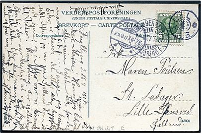 5 øre Fr. VIII på brevkort annulleret med stjernestempel STADIL og sidestemplet Tim d. 25.9.1907 til Lille Skensved. Transit stemplet Kjøbenhavn - Nykjøbing F. T.67 d. 26.9.1907.